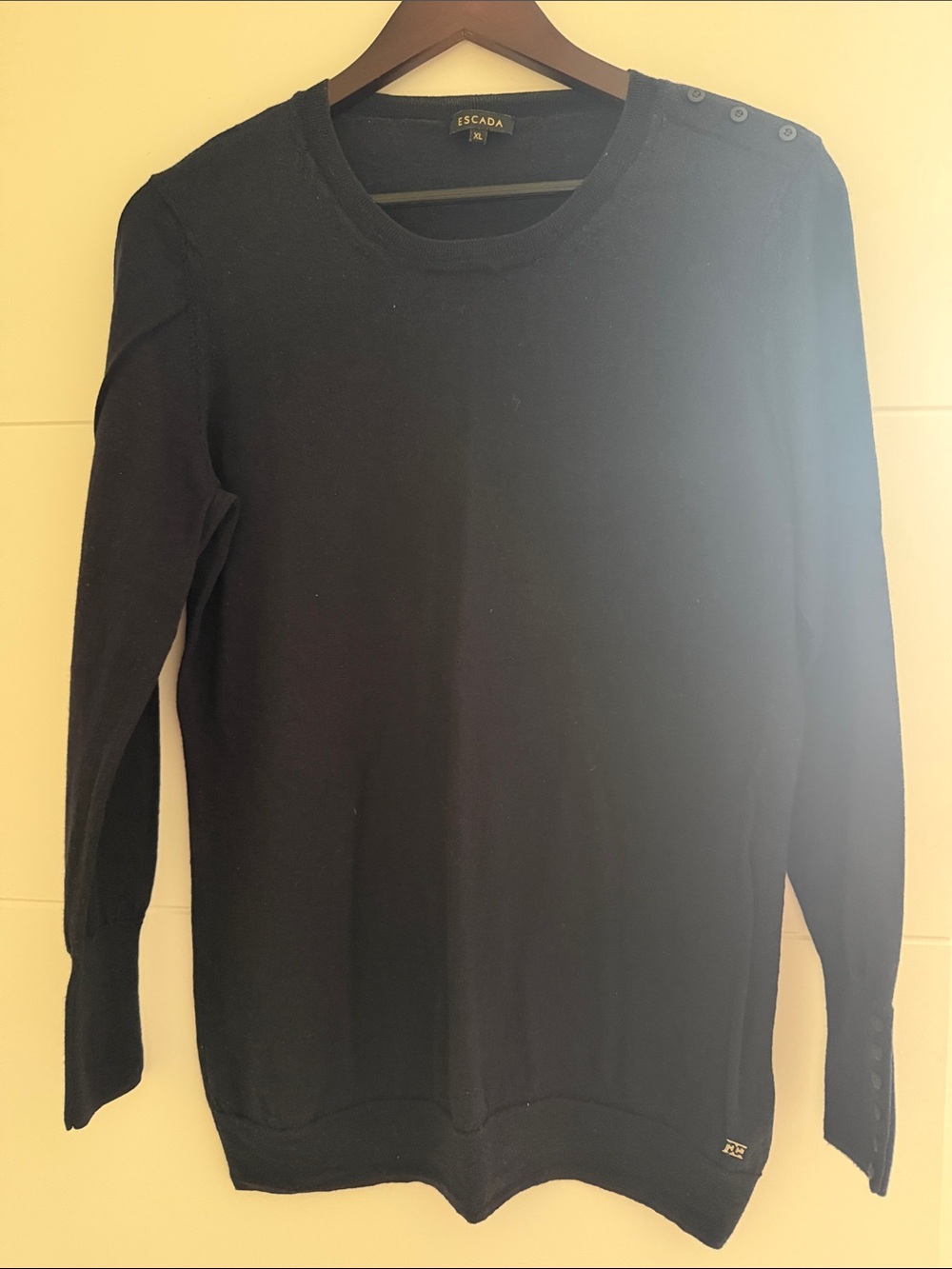 Escada Navy Blue Crewneck Sweater with Shoulder and Sleeve Buttons